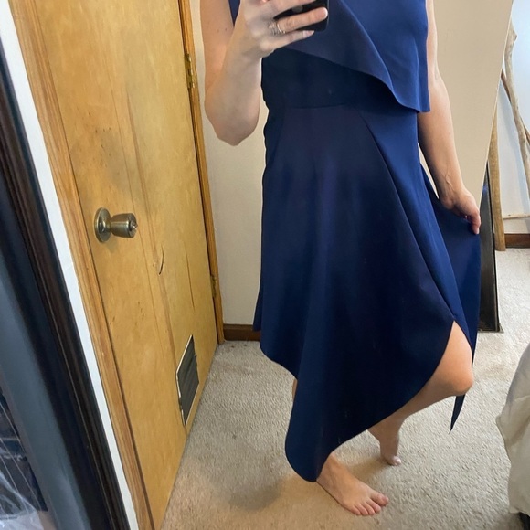 Topshop Ruffle One Shoulder Asymmetrical Hem Blue Scuba Dress - Picture 16 of 16